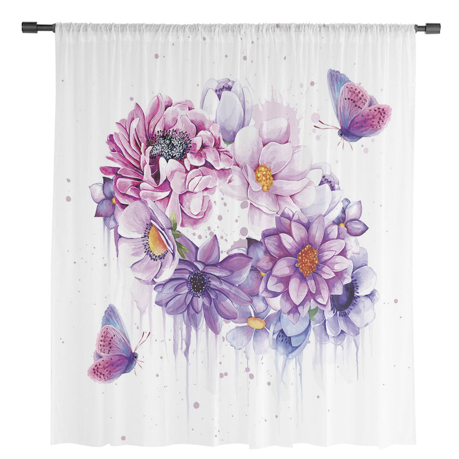 Transparente Tüll-Voile-Vorhänge von Household supplies MH mit lila Blumen und Schmetterlingen im Aquarell-Design, Breite: 135 cm, Höhe: 115 cm - Bild 2