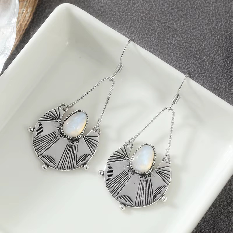 YoYo Ohrringe, Vintage, Silber, Synthetischer Mondstein, Lotus-Schnitzerei - Bild 2