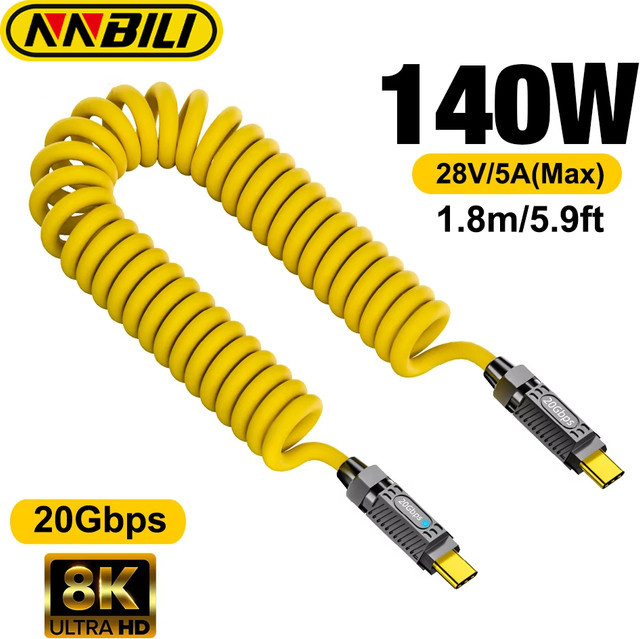 NNBILI USB 3.2 Gen2 Typ C auf USB C Federkabel Gelb, 140W PD 5A Schnellladekabel für iPhone 15 16 Pro Max und Samsung, 8K@60Hz Datenkabel - Bild 1