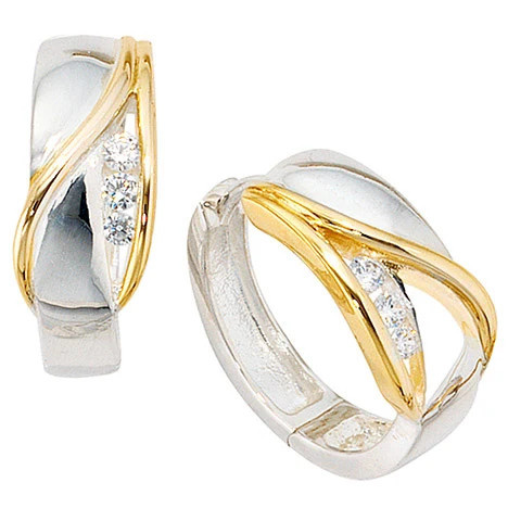 Colfem Creolen rund, 925 Sterling Silber, bicolor vergoldet, 6 Zirkonia, Ohrringe - Bild 1