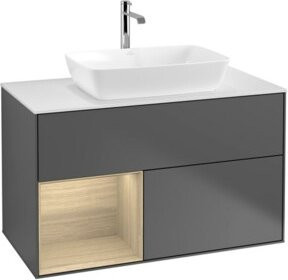 V&B Waschtischunterschrank Finion 100 mit Wandbeleuchtung in Weiß und Eiche mit anthrazitfarbenen Elementen, B/T/H: 100 x 50,1 x 50,1 cm - Bild 1