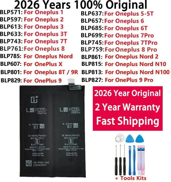 Original Ersatzakku für OnePlus Modelle 1, 2, 3, 3T, 5, 5T, 6, 6T, 7, 7T, 8, 8T, 9, 9R Pro Plus und Nord 2 N10X in Schwarz - Bild 1