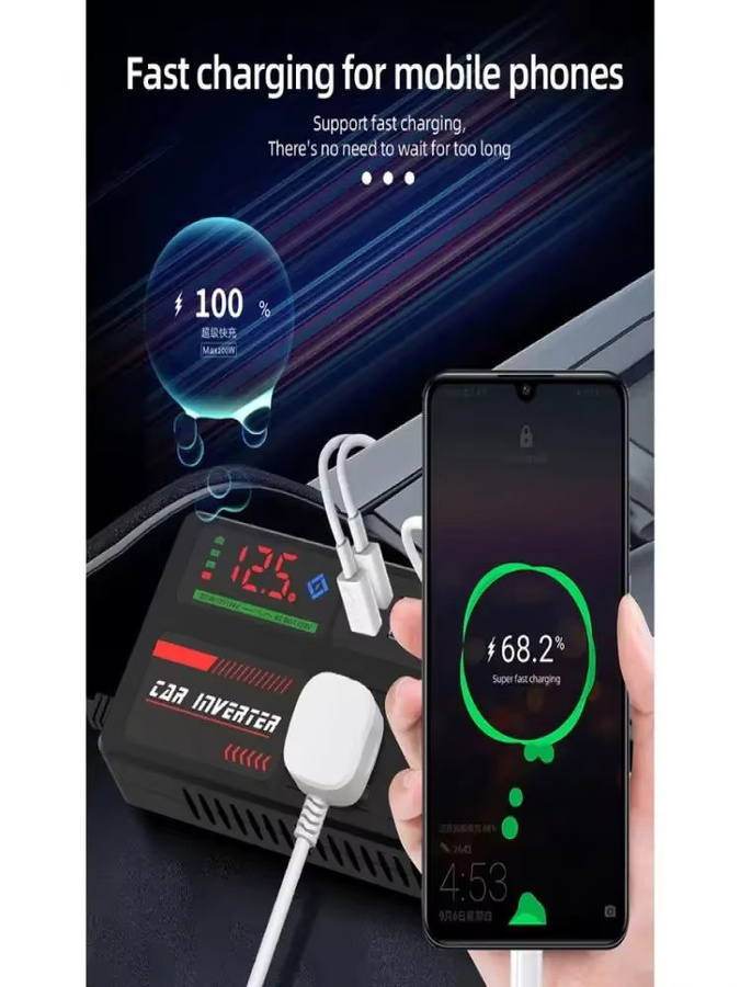 Kebidumei Tragbarer Auto-Wechselrichter 12V auf 110V und 24V auf 220V Steckdosenadapter mit 4 USB-Anschlüssen für Auto LKW SUV und Wohnmobil in Schwarz - Bild 5