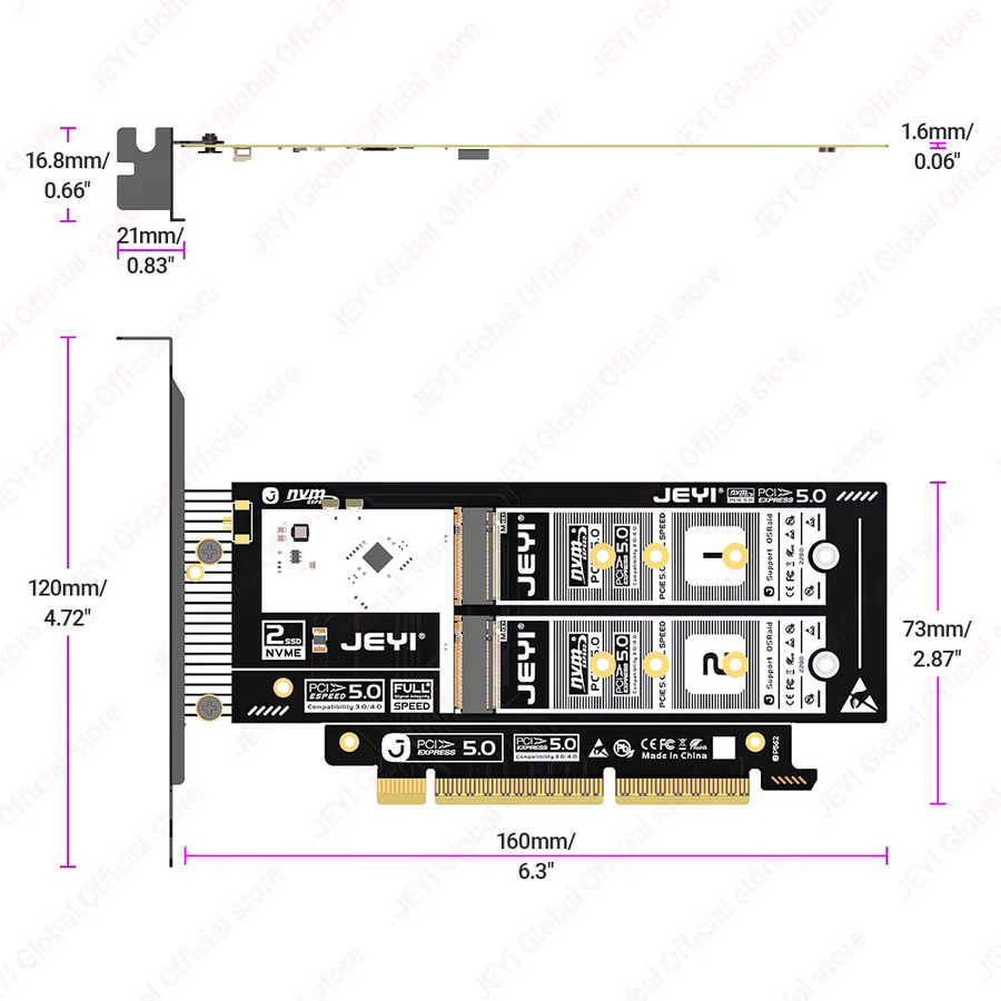 JEYI 2-Bay M.2 NVMe PCIe 5.0 Adapterkarte in Schwarz mit 256 Gbit/s Unterstützung für X16/X8 Steckplätze und Soft-RAID-0 für 2280/60/42/30 NVMe SSDs - Bild 4