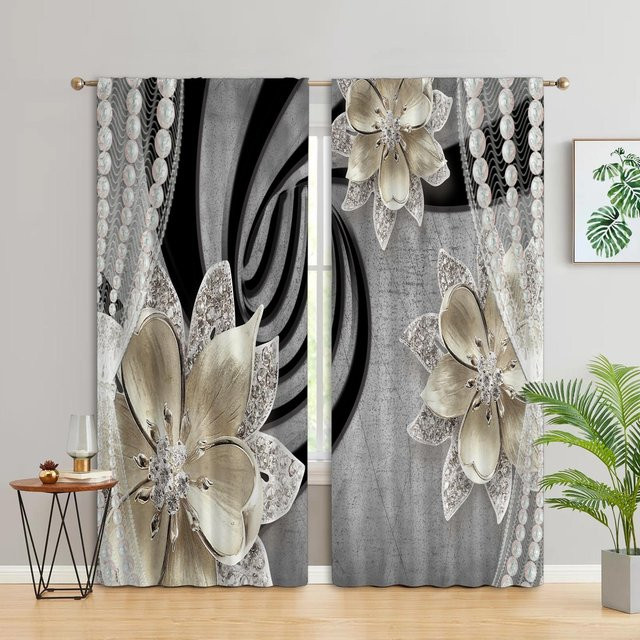 2-teiliges Yiran Furniture Vorhangset mit 3D-Blumenmuster in Grau, semi-transparent, mit Ösen, Breite: 50 cm, Höhe: 60 cm - Bild 1