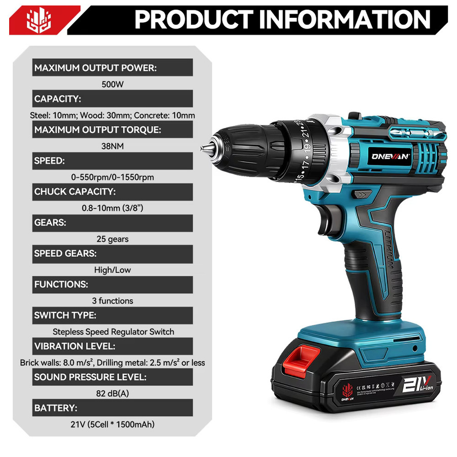 ONEVAN Akku-Schlagbohrmaschine mit 25+3 Drehmoment-Stufen, kabelloses Elektrowerkzeug in Blau, kompatibel mit Makita 18V LXT Akkus - Bild 3