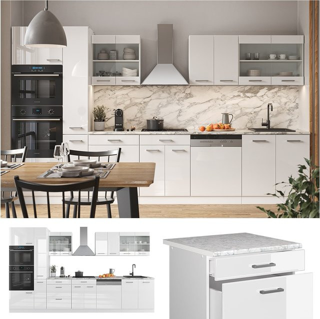 Vicco R-Line Küchenzeile in Weiß Hochglanz mit Hochschrank, Breite: 350 cm - Bild 1