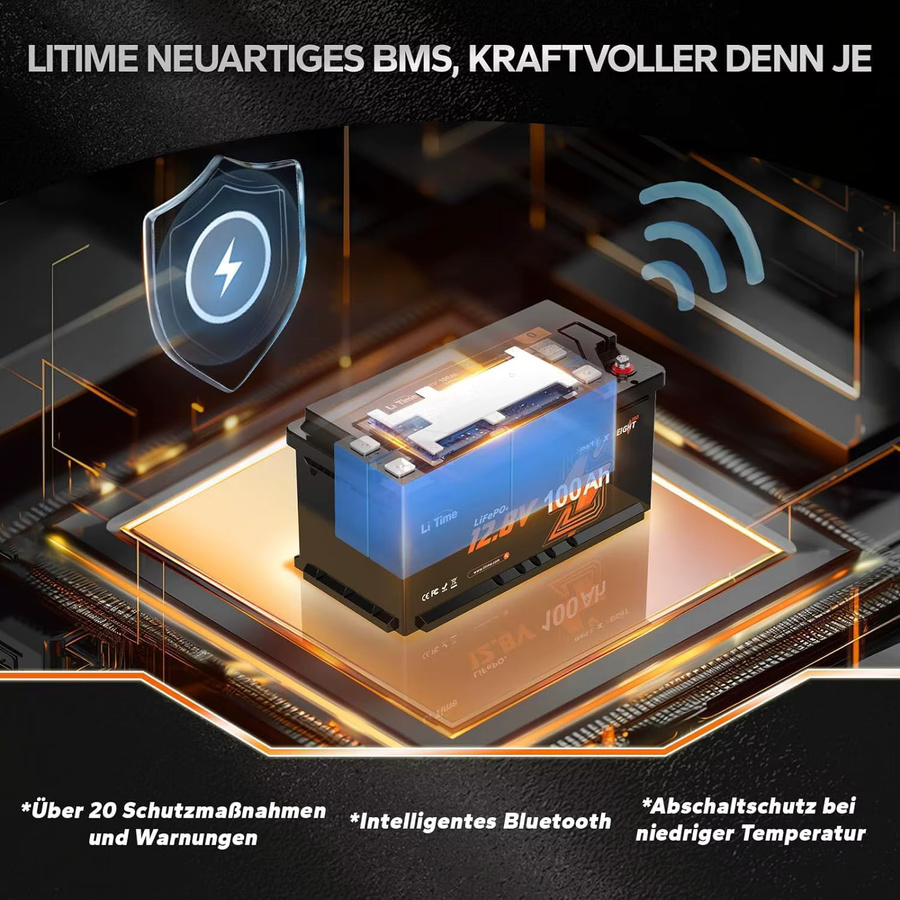 Litime LiFePO4 Bluetooth Batterie 12,8V 100Ah in Schwarz mit Low-Temp-Abschaltschutz und hoher Zyklenfestigkeit - Bild 4