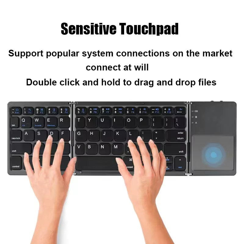 Kebidumei Dreifach gefaltete Bluetooth-Tastatur mit Touchpad, tragbare Mini-Tastatur, wiederaufladbare kabellose Tastatur für Windows, Android und iOS, Schwarz - Bild 2