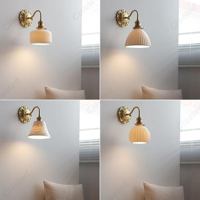 Claeted LED-Keramik-Wandleuchte E27 in Weiß und Gold/Messing für Schlafzimmer, Wohnzimmer und Flur - Bild 1