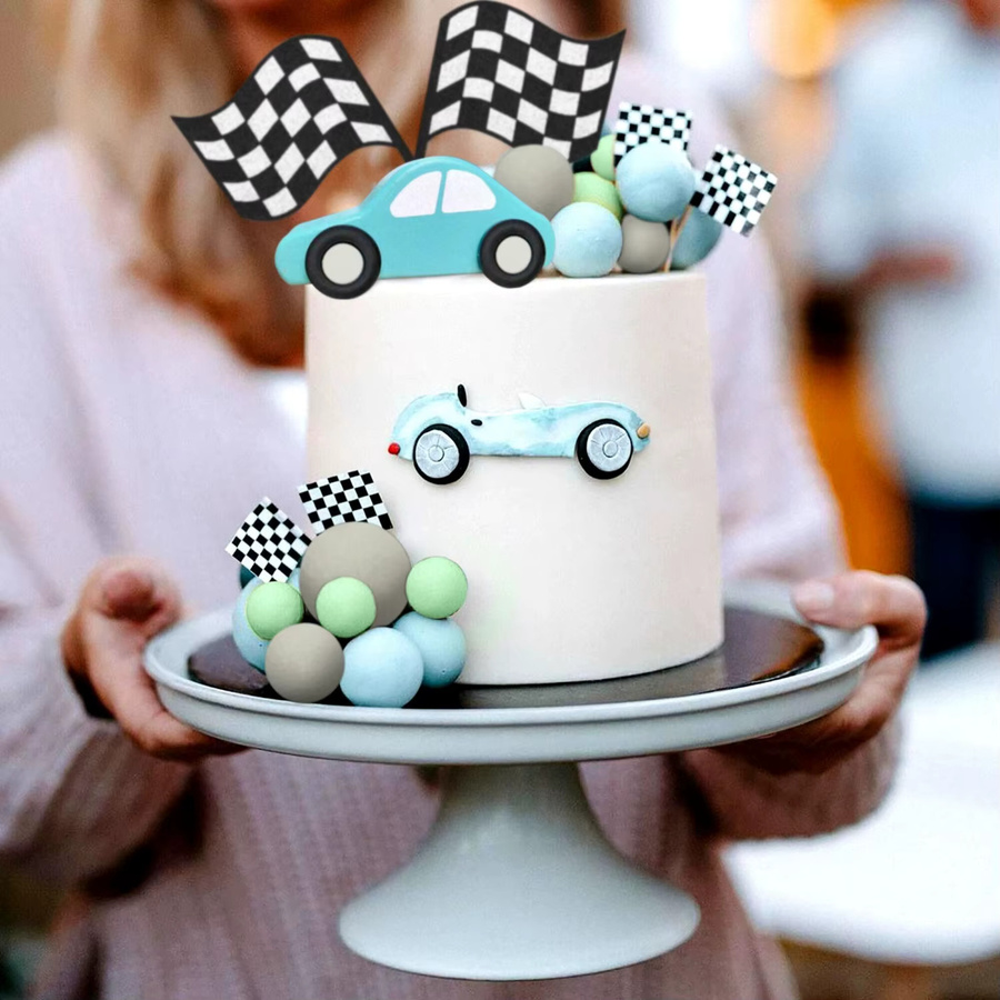 LaVenty Two Fast Cake Topper mit Rennwagen und karierter Flagge für Kindergeburtstage - Bild 2