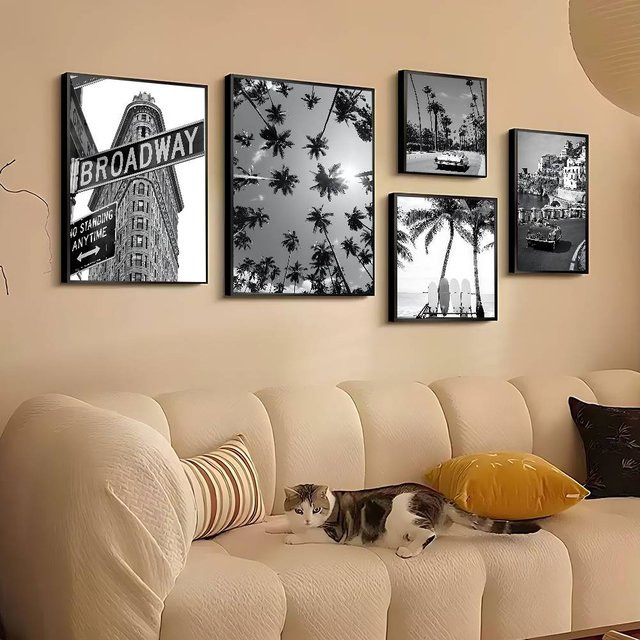 Vintage Wandkunst Poster mit Palmen-Strand-Landschaft in Schwarz-Weiß aus Papier - Bild 1