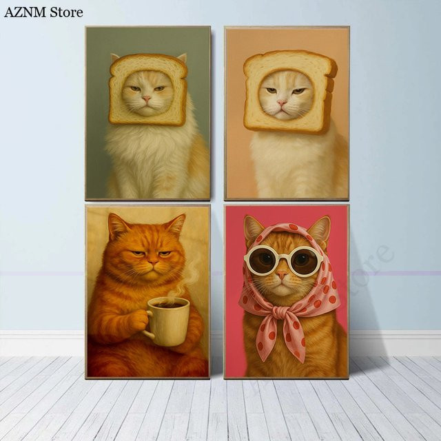 Potdemiel Leinwandgemälde mit weißer Katze und Toast als skurriles Tierposter für deine Küchendekoration in Weiß und Multicolour - Bild 1