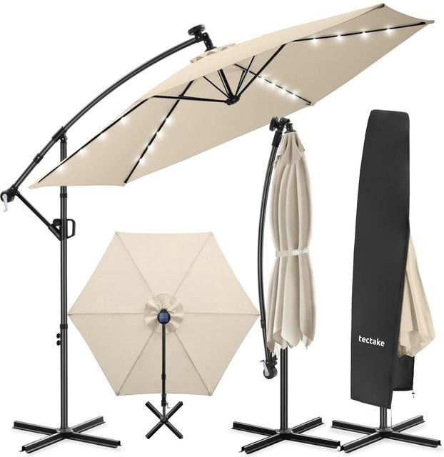 tectake Ampelschirm mit LED Solar-Beleuchtung und Schutzhülle, 360 Grad drehbar, Kurbelmechanismus, B/T/H: 300 x 300 x 300 cm - Bild 1