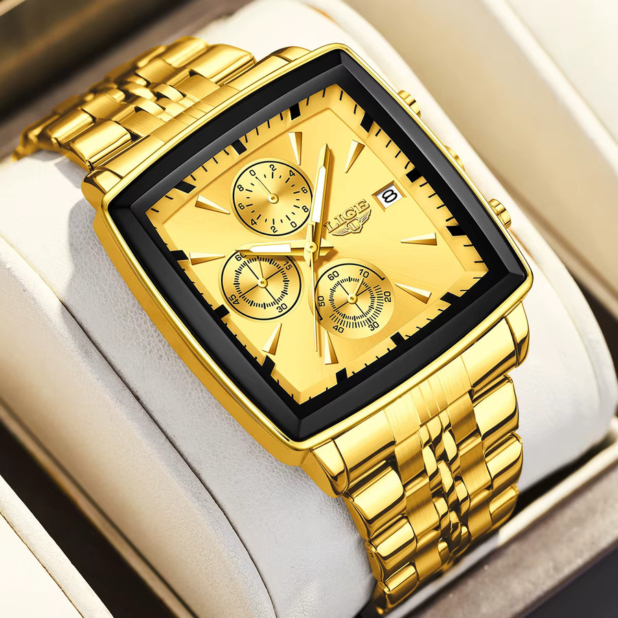 LIGE Chronograph Armbanduhr, Edelstahl, Gold, Quarz, Herren, Eckig - Bild 6