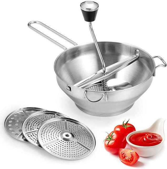 Gemüsemühle aus Edelstahl von Qiilu in Silber mit 3 Siebscheiben für Kartoffeln, Erdbeeren und Marmelade - Bild 1