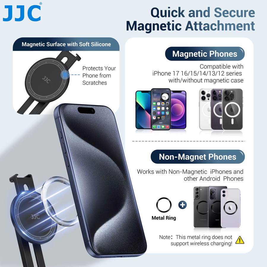 JJC Magnetische Handyhalterung in Schwarz für iPhone 17 16 15 14 mit Blitzschuh und 1/4 Zoll Gewinde für Stativnutzung in vertikaler und horizontaler Ausrichtung - Bild 4