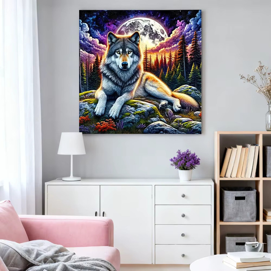 HUACAN DIY Diamantmosaik Wolf im Mondwald als Strass Diamant Malerei Set, Mehrfarbig, B/H: 20 x 20 cm - Bild 3
