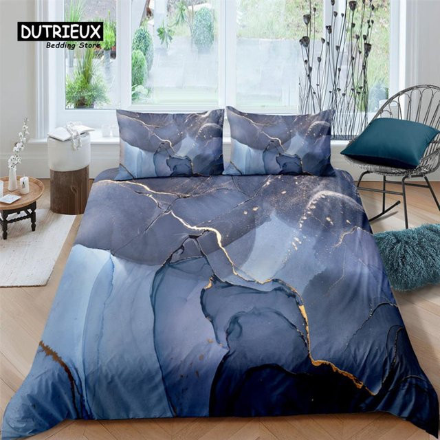 Bettwäscheset mit blauem Marmordruck von Binchi Outdoor Product, bestehend aus Bettbezug und Kissenbezug, Material Mikrofaser, Breite: 140 cm, Höhe: 210 cm - Bild 1