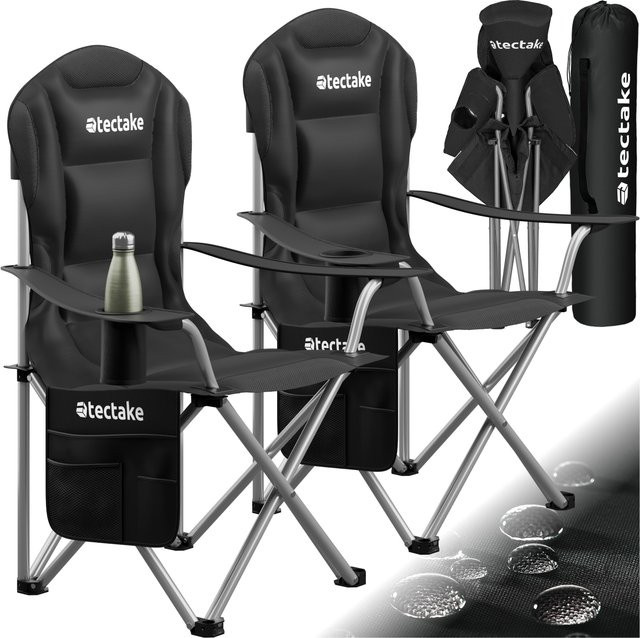 tectake 2er Set gepolsterte Campingstühle faltbar in Schwarz mit Getränkehalter und Seitentaschen aus 600D Oxford-Gewebe, B/T/H: 55 x 46 x 103 cm - Bild 1