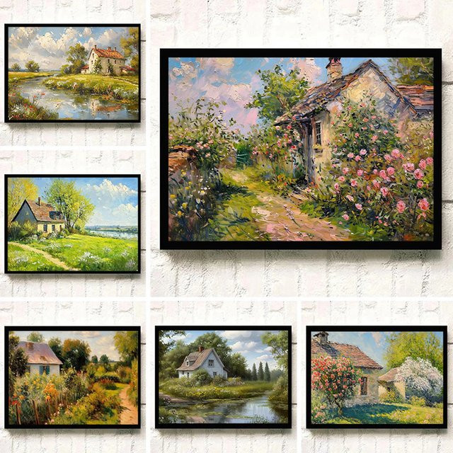 Potdemiel Leinwand Kunstposter Retro Frühling Garten mit Romantischer Hütte und Blumen in Mehrfarbig - Bild 1