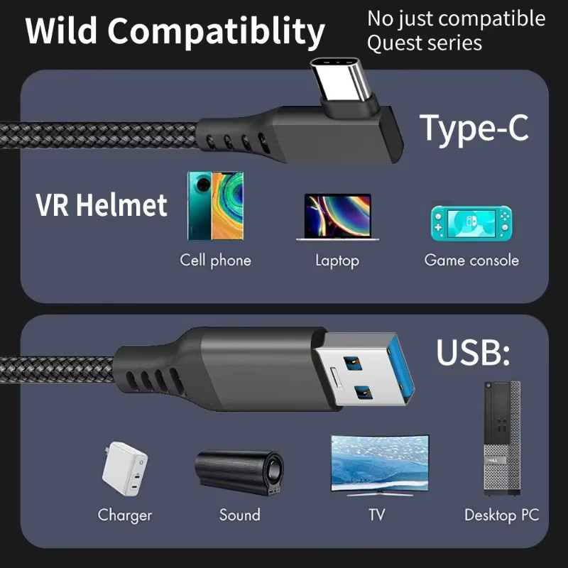 AyeBeau VR-Brillenkabel USB A auf Typ C für Meta Oculus Quest 2, Schwarz, Länge: 5 m - Bild 3
