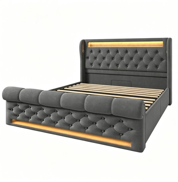 okwish Polsterbett mit LED-Beleuchtung und USB-Ladeport in Grau, B/T/H: 140 x 190 x 110 cm (ohne Matratze) - Bild 1