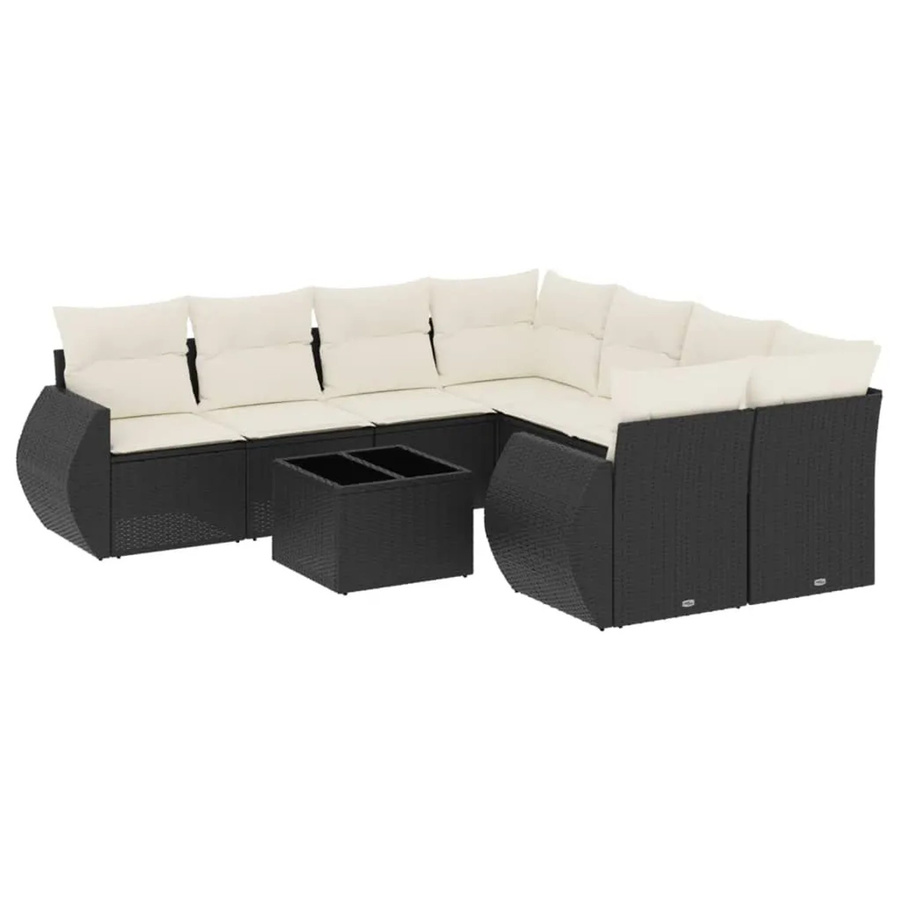 vidaXL 9-tlg. Garten-Sofagarnitur in L-Form aus Poly-Rattan mit Kissen in Schwarz und Cremeweiß - Bild 2