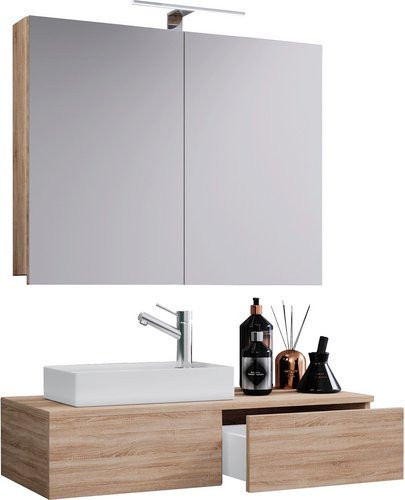 VCM Badmöbel Set Gudas 3-teilig in Braun mit Waschbecken und Spiegelschrank - Bild 1