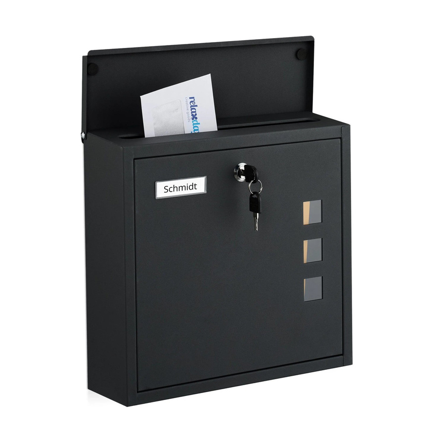 Relaxdays Briefkasten aus Eisen in Schwarz, abschließbar mit Sichtfenster und Namensschild, Wandmontage, B: 35 cm, H: 33 cm, T: 12 cm - Bild 2