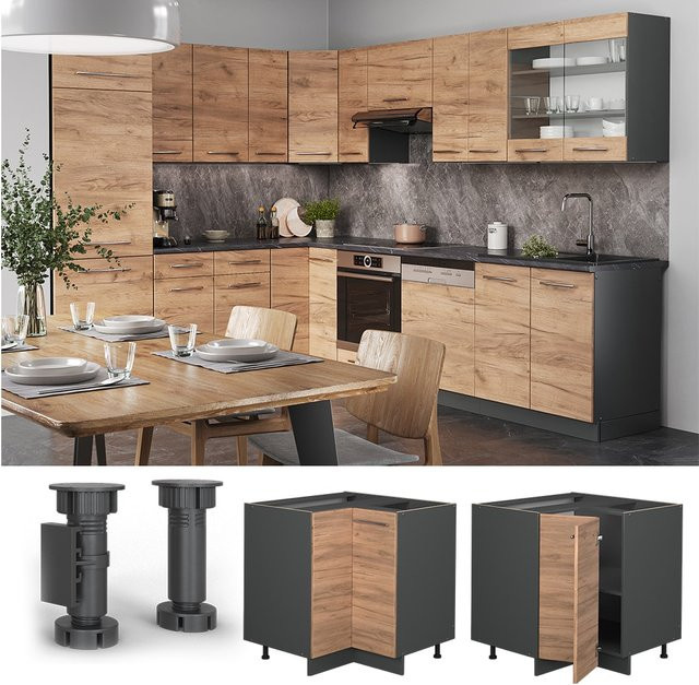 Vicco Eckunterschrank Fame-Line Anthrazit Eiche modern mit Doppel-Drehtür und Softclose-Scharnieren Breite: 87 cm - Bild 1