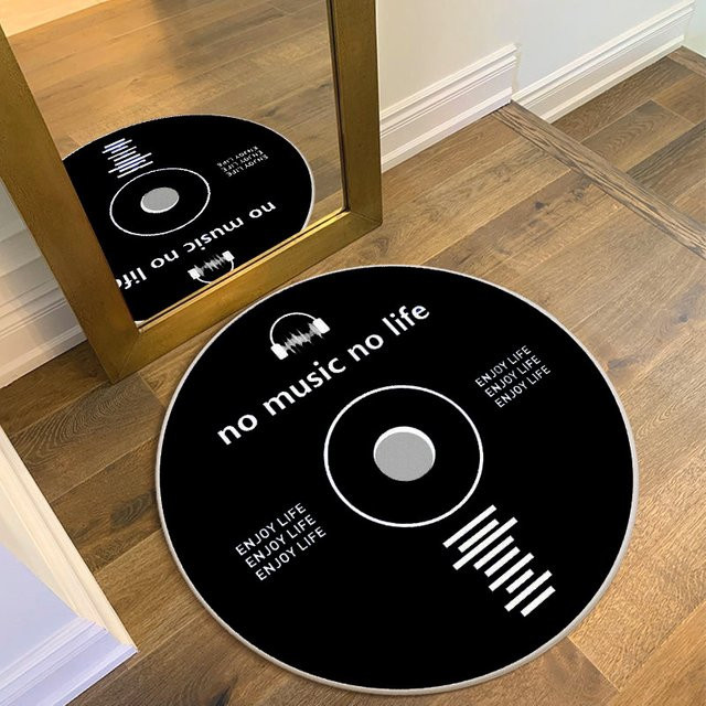 Runder Teppich im Vinyl-Schallplattenmuster mit Buchstabendruck, rutschfeste Bodenmatte im modernen Musikthema für dein Wohnzimmer oder Musikzimmer - Bild 1