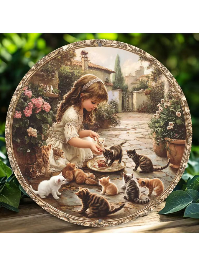 Rundes Aluminiumschild Potdemiel mit Mädchen- und Katzenmotiv in Vintage-Optik, Durchmesser: 20 cm - Bild 5