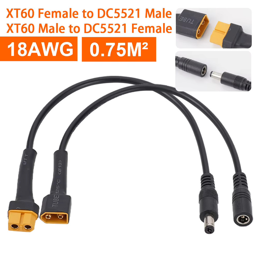 DC 5,5 x 2,1 mm auf XT60 Adapter Set mit 18AWG Silikonkabel, Männlich und Weiblich, Schwarz - Bild 2