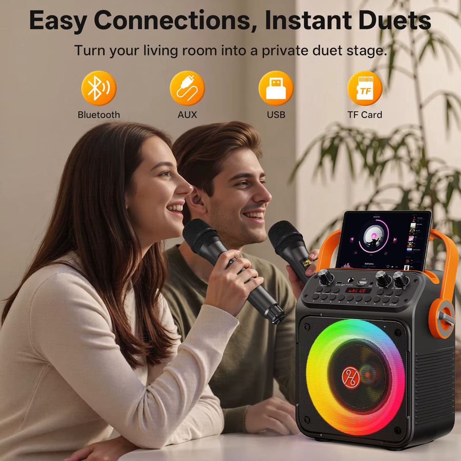 FanFun Tragbare Bluetooth Karaoke-Maschine mit 2 kabellosen Mikrofonen und LED-Lichtern in Schwarz, unterstützt USB, TF, REC, FM und AUX - Bild 6