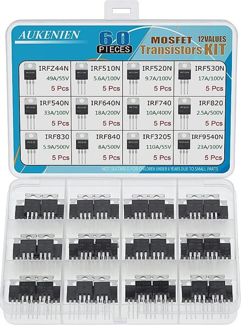AUKENIEN Mosfet-Transistor-Kit mit 60 Stück und 12 verschiedenen Werten inklusive IRFZ44N, IRF510N, IRF540N, IRF640N, IRF740, IRF820, IRF830, IRF840, IRF3205, IRF9540N und TO222 - Bild 1
