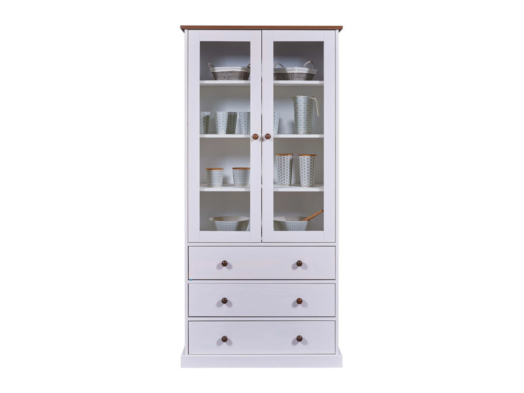 INTER LINK Vitrinenschrank Westerland im Landhausstil aus massivem Kiefernholz, Weiß/Braun, H: 190,0 cm, B: 50,55 cm, T: 38,4 cm - Bild 2