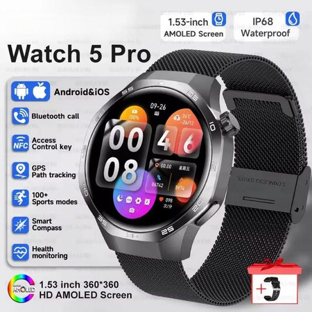 Huawei GT5 Max Smartwatch mit HD AMOLED Bildschirm, NFC, Bluetooth Anruffunktion und Wasserdichtigkeit in Schwarz mit Mesh-Armband
