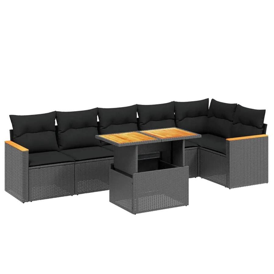 vidaXL 7-teilige Garten-Sofagarnitur in L-Form aus schwarzem Poly-Rattan mit Kissen und Akazienholz - Bild 2