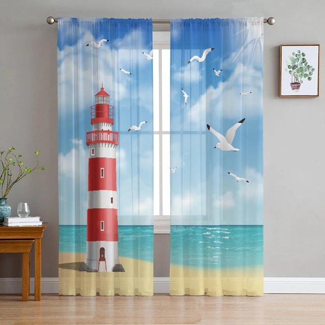 Yiran Furniture Transparente Vorhänge mit Sandstrandwellen und Palmen Motiv aus Polyester, Blau, B: 135 cm, H: 115 cm - Bild 1