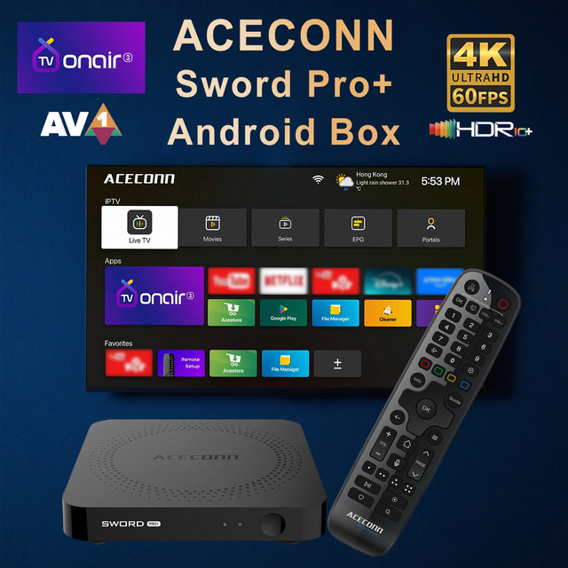 ACECONN Sword Pro+ Streaming Android IPTV Box in Schwarz mit 4K UHD, Dual WLAN und Bluetooth sowie Sprachsteuerung und hintergrundbeleuchteter Fernbedienung - Bild 1