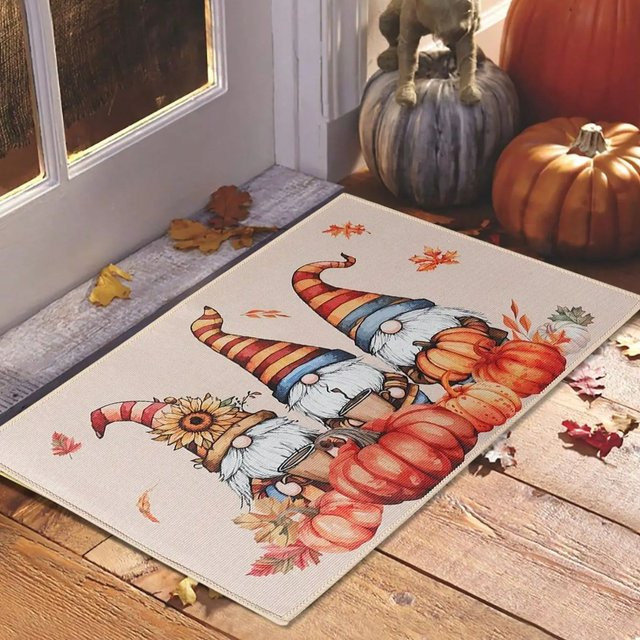 VIKAMA Herbst Fußmatte mit Zwerg und Kürbis für Outdoor und Indoor, Mehrfarbig, B/T: 60 x 40 cm - Bild 1