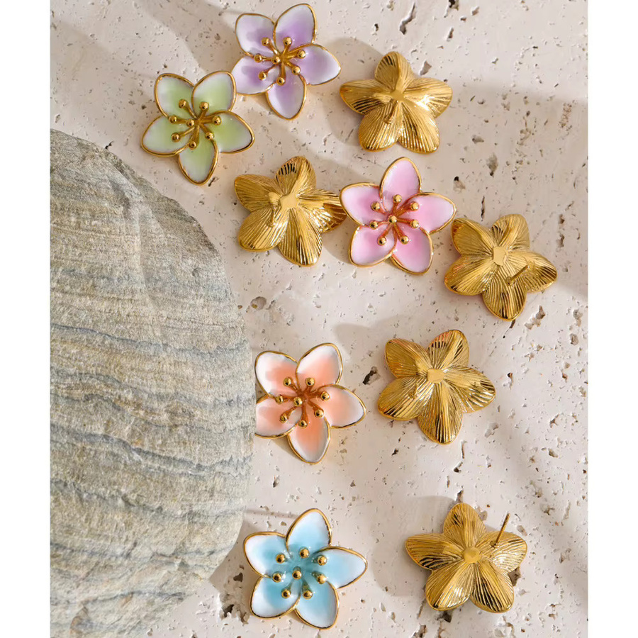 Yhpup Ohrringe, Edelstahl, Emaille-Blumen, Goldfarben, Damen - Bild 1