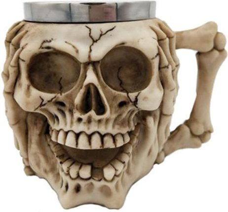 Edelstahlbecher mit Totenkopf- und Knochendesign aus Harz in Weiß, 300 ml - Bild 1