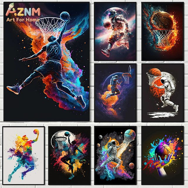 AZNM Kosmischer Astronaut Basketball Leinwand-Wandkunst, Bunter Galaxie-Sportdruck in Multicolor, Rahmenlose abstrakte Dekoration für Kinderzimmer - Bild 1