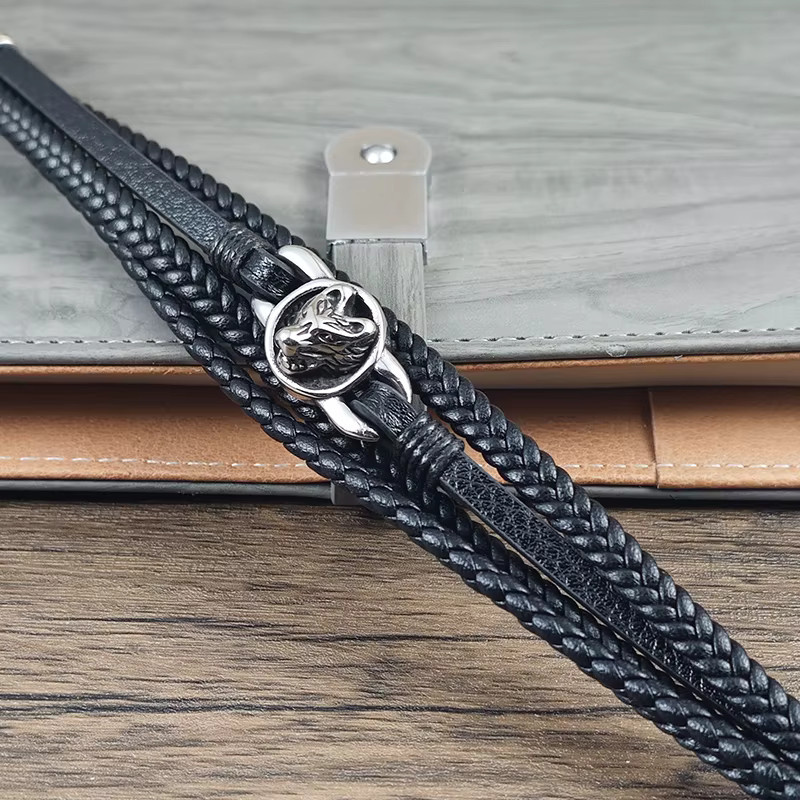 jiangmingao Magnetarmband, Leder, Edelstahl, Wolfskopf-Relief, Schwarz, Herren - Bild 3