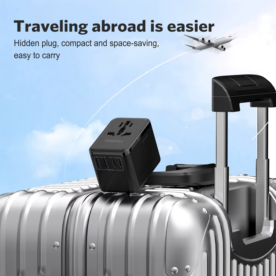 MeeGoo GaN Universal-Reiseadapter weltweit in Schwarz mit 2 Typ-C-Anschlüssen, 2 USB-Anschlüssen und 1 AC-Steckdose für EU, US, JP und AU - Bild 2
