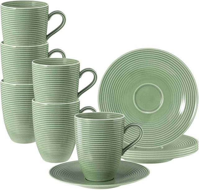 Seltmann Weiden Henkelbecher mit Untertassen Beat Color Glaze Grün Gestreift 350 ml 6er Set - Bild 1