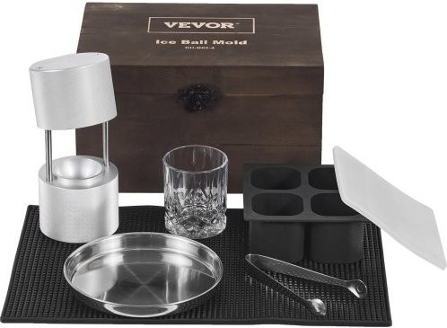 VEVOR Eiswürfelbereiter Set aus Aluminiumlegierung in Silber mit Eiskugelform 60 mm, Tropfschale, Eiszange und Glas für Whisky und Cocktails - Bild 1