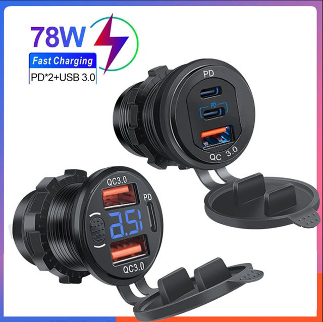 KEBETEME Autoladegerät-Buchse mit PD3.0 und QC3.0 Schnellladung, doppelte USB-C-Anschlüsse, wasserdicht, 78 W, Aluminium, Schwarz, für 12 V/24 V Boote und Motorräder - Bild 1